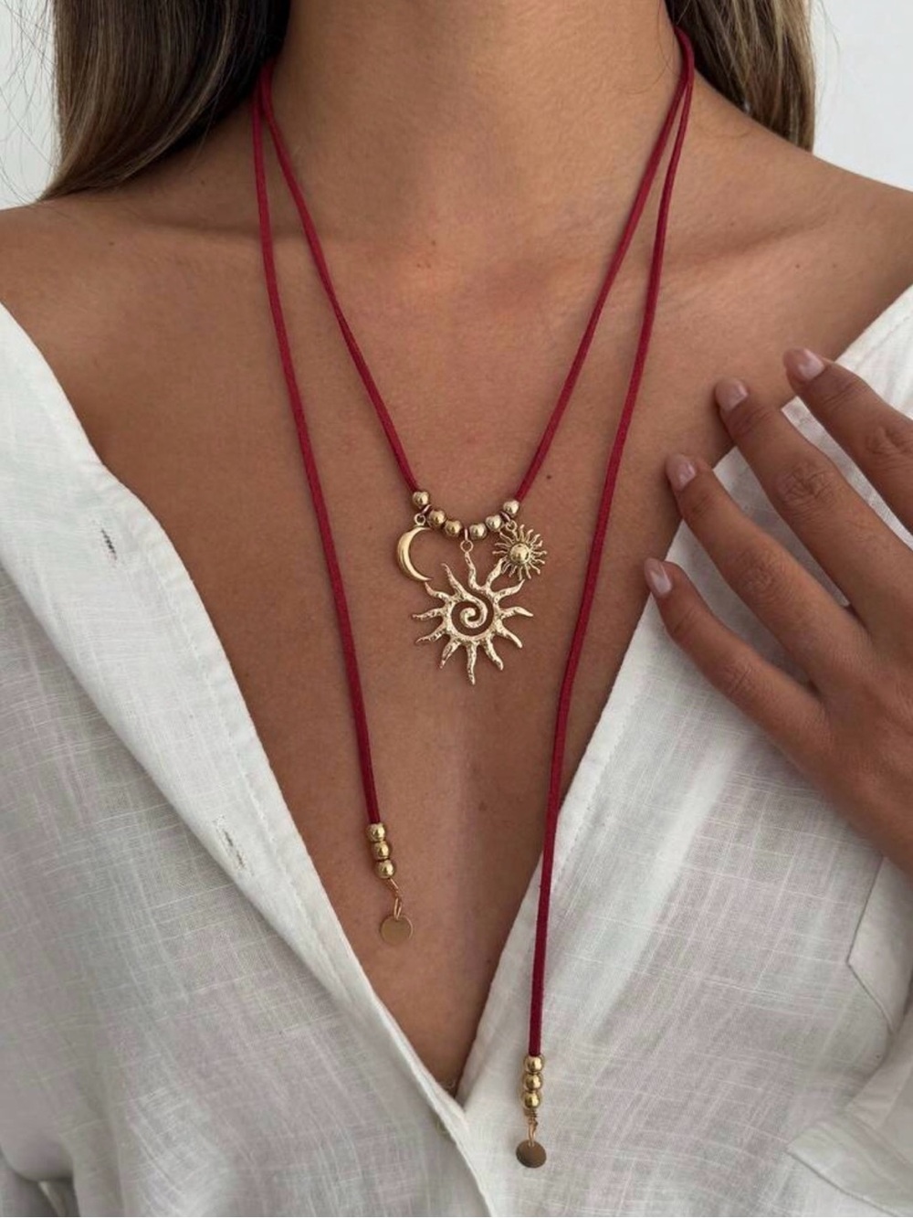 Gold Sun & Moon Pendant Layered Necklace with Red Cord